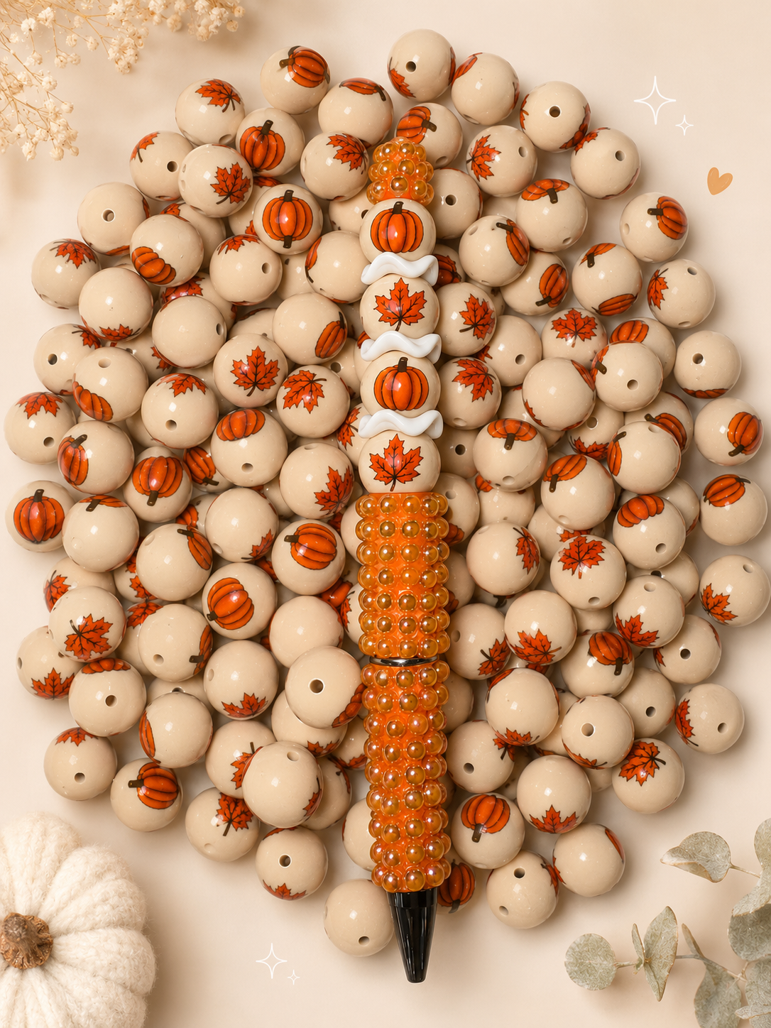15mm Leaf + Pumpkin Double-Sided Printed silicone bead - exclusive collab