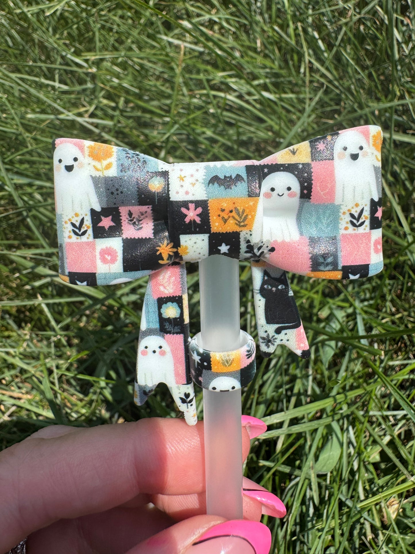 Ghost patchwork straw topper bow