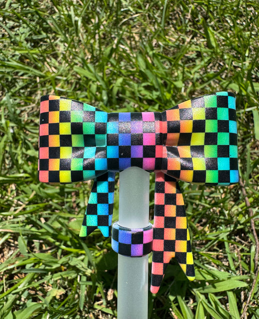 Neon electric checkered straw topper bow