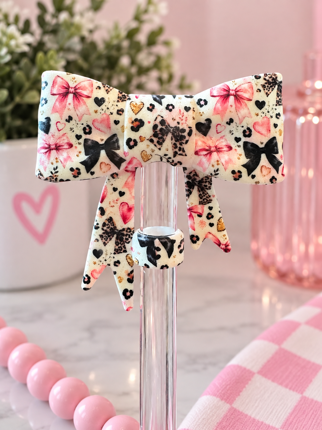 Pink & Leopard Straw Topper Bow