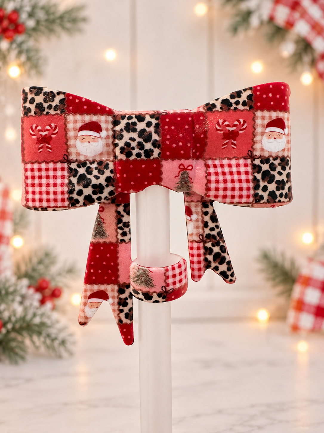 Santa’s Patchwork Straw Topper Bow