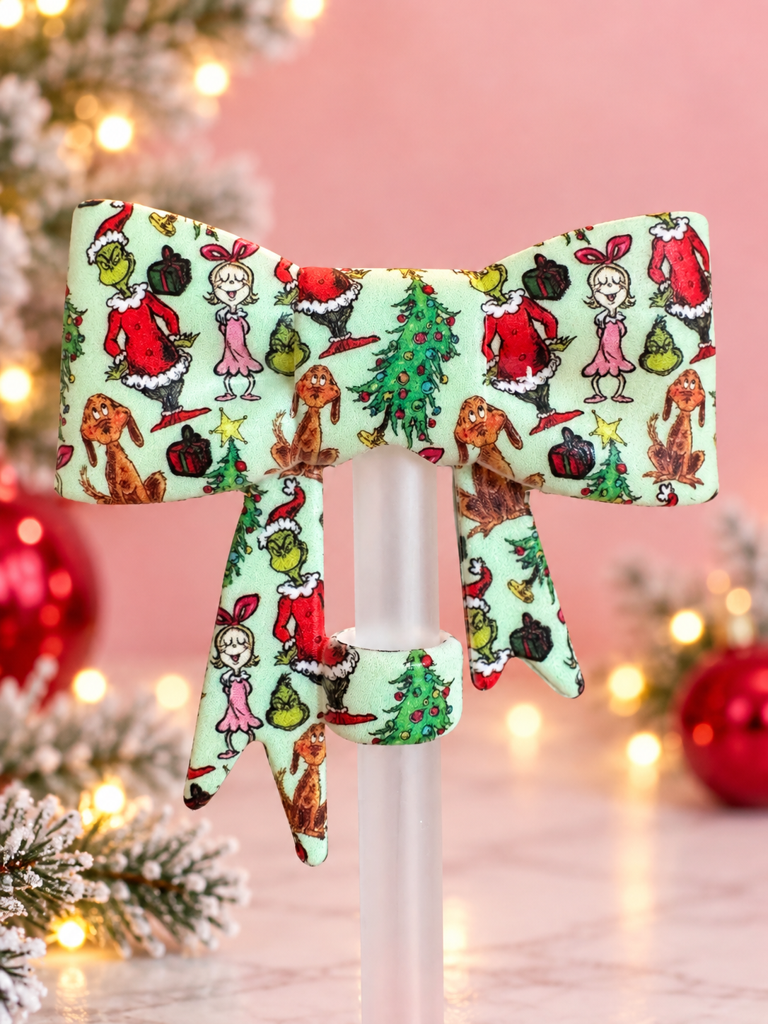 Merry Grinchmas Straw Topper Bow