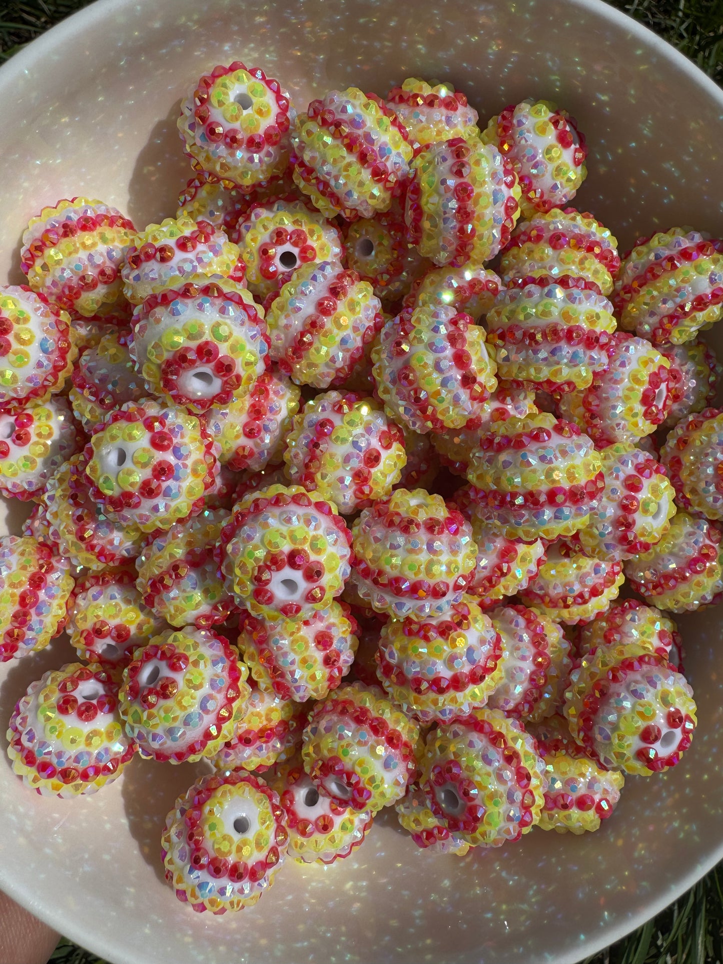 20MM Striped rhinestone beads - yellow/red/white striped