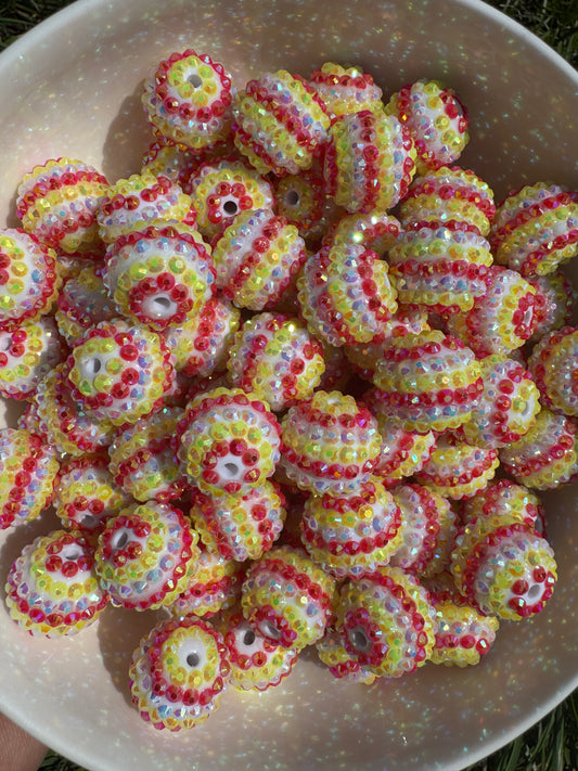 20MM Striped rhinestone beads - yellow/red/white striped